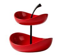 JUNYFFF Tiered Fruit Basket for Kitchen Countertop, 2 Tier Ceramic Fruit Bowl Sets with Metal Stand Fruit Serving Holder for Snacks Nuts Candy Cake Vegetable Storage,Red