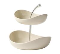 JUNYFFF Tiered Fruit Basket for Kitchen Countertop, 2 Tier Ceramic Fruit Bowl Sets with Metal Stand Fruit Serving Holder for Snacks Nuts Candy Cake Vegetable Storage,White