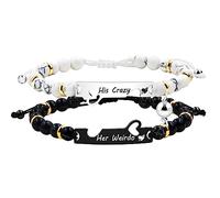 JunyiDIY 1pair Matching Heart Long Distance Bracelets Set for Couples, Handmade His Her White Black Turquoise Stone Beaded Customized Strand Bracelets for Men and Women Boyfriend and Girlfriend Y3810