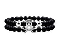 JunyiDIY 2-Piece Set White Skull Bracelet Set - Unisex 8mm Black Matte Agate Zircon Elastic Bracelet Birthday and Party Gift