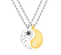 JunyiDIY 2 Pieces Sun Moon Necklace for Couples Best Friends White and Gold Stainless Steel Promise Matching Relationship Yin-Yang Boyfriend Girlfriend Necklace for Him Her Jewelry