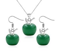 JunyiDIY 3D Green Aventurine Apple Pendant Necklace Earrings Set | Stylish Apple-Shaped Jewelry Teacher Appreciation Gift for Mentor Coach or Principal