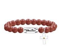 JunyiDIY 8mm Gold Sand Stone Elastic Bead Bracelet, Cuboid Blessde Charm Cross Mustard Seed Pendant Faith Bracelet for Mom and Dad Protection Healing Bracelet