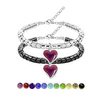JunyiDIY A Pair of Gear-shape Hematite Bracelets with Color Changing Thermo Sensitive Mood Heart Charms, Couples Love Heart Bangles Gifts, Stainless Steel, hematite