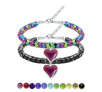 JunyiDIY A Pair of Gear-shape Hematite Bracelets with Color Changing Thermo Sensitive Mood Heart Charms, Couples Love Heart Bangles Gifts, Stainless Steel, hematite