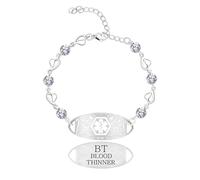 JunyiDIY Blood Thinner Medical ID Bracelet with Heart Chain and White Zircon, Adjustable Emergency Jewelry for Sisters and Birthday