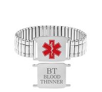 JunyiDIY Blood Thinner Wide Band Stretch Medical Alert Bracelet Free Custom Engraving Waterproof Hypoallergenic with Bold Red Symbol Emergency ID Jewelry for Men Women Seniors