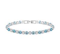 JunyiDIY Blue Evil Eye Tennis Bracelet, Silver Fold Clasp Protective Amulet CZ Crystal Stylish Jewelry for Mother 6.7"