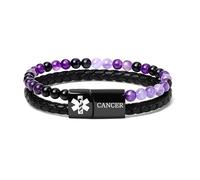 JunyiDIY CANCER Medical Alert Bracelet for Women, Dual Chain with Purple Agate & PU Leather, Daily Water-Resistant Emergency ID Wristband