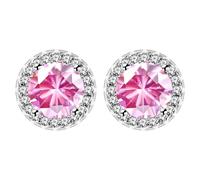 JunyiDIY Chic Pink Cubic Zirconia Stud Earrings for Women | 6.5MM Round Halo Design | White Gold CZ Earrings for BFF GF Valentine’s Day Christmas Jewelry