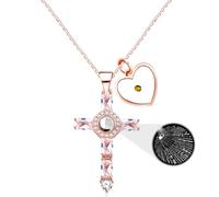JunyiDIY Cross Zircon Pendant Stainless Steel Necklace, 100 Languages I Love You Projection Necklace Valentine's Day Religious Gift To Express Love for Your Girlfriend