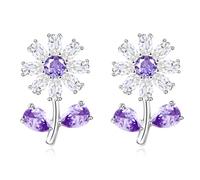 JunyiDIY Crystal Daisy Stud Earrings Summer New Earrings Purple Cubic Zirconia CZ Earplugs Earrings for Elegant Mom Wife Birthstone Birthday Gift