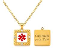 JunyiDIY Custom Back Engraved Medical ID Necklace with Red Sign, Square Pendant Gold Stainless Steel Waterproof Jewelry for Christmas Thanksgiving YA5219