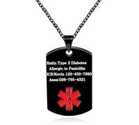 JunyiDIY Custom Black Medical ID Necklace for Dad, Large Hypoallergenic Pendant with Red Emergency Symbol Personalized Health Alert Jewelry Father’s Day Gift