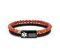 JunyiDIY Custom Medical ID Bracelet, Dual Chain with Red Agate & PU Leather, Engraved Health Info Jewelry for Men & Women