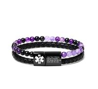 JunyiDIY Custom Medical ID Bracelet for Grandma, Dual Chain with Purple Agate & PU Leather, Personalized Engraved Emergency Info Jewelry