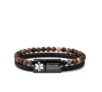 JunyiDIY Custom Medical ID Bracelet for Grandpa, Dual Chain with Coffee Agate & PU Leather, Personalized Info for Chronic Condition Management