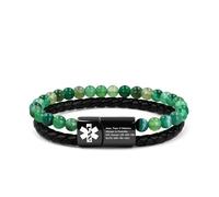JunyiDIY Custom Medical ID Bracelet for Men, Dual Chain with Green Agate & PU Leather, Meaningful Gift for Best Friend or Sister