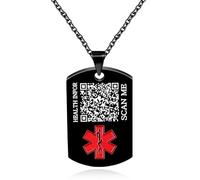 JunyiDIY Custom QR Code Medical ID Necklace for Son - Personalized Emergency ID Pendant with Blessing Message Black Stainless Steel Personal Health Jewelry for Men's Graduation Gift