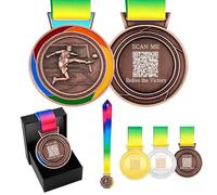 JunyiDIY Custom Soccer Medal Gold Silver Bronze with USA Flag, Star or Rainbow Ribbon, Single or Bulk 12/24/36 PCS, Text or QR Award Medal YA6969 (Bronze Medal,Qr-Multi)