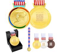 JunyiDIY Custom Soccer Medal Gold Silver Bronze with USA Flag, Star or Rainbow Ribbon, Single or Bulk 12/24/36 PCS, Text or QR Award Medal YA6969 (Gold Medal,Qr-us Flag)