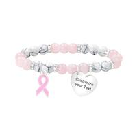 JunyiDIY Customizable Pink Ribbon Breast Cancer Bracelet for Women, 8mm Rose Quartz & White Turquoise Beads Heart Charm Hopeful Gift for Fighter Survivor YA6033