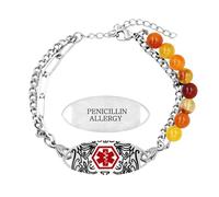 JunyiDIY Engrave Penicillin Allergy Medical ID Bracelet with Orange Agate Double Chain - Adjustable Stainless Steel Emergency Alert Bracelet Jewelry for Women YA6111