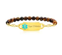 JunyiDIY Engraved Type 2 Diabetes Medical Alert Identity Bracelet with Tiger-Eye Stone - Emergency Medical ID Bracelet for Husband Wife Men Women