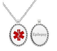 JunyiDIY Epilepsy Emergency ID Necklace with Red Symbol, Waterproof Stainless Oval Pendant Jewelry for Adults Elderly Daily Wear YA5218