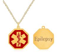 JunyiDIY Epilepsy Medical Alert Necklace - Gold Stainless Steel Seizure Alert Pendant for Son Daughter Boys Girls Stylish Medical ID Waterproof Jewelry(Gold)