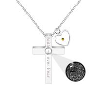 JunyiDIY Faith Over Fear Engraved Projection Cross Necklace, Silver Color Stainless Steel Heart Mustard Seed Charm 100 Languages Jewelry Gift Courage Necklace