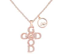 JunyiDIY GOD-GOOD Letter Cross Necklace for Women | Rose Gold Plated Copper with Zirconia Inlay | Round Mountain Mustard Seed Pendant Inspirational Jewelry for Sister BFF YA5073