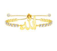 JunyiDIY Gold Plated Allah Charm Tennis Bracelet for Islam, Zircon Dazzling Crystal Chain to Protect Good Fortune Jewelry for Women's Best Friend Sisters's Birthday Friendship