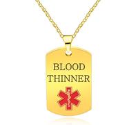 JunyiDIY Gold-Plated Medical ID Necklace for Men Women, Blood Thinner Emergency Alert Pendant Quick Rescue Life-Saving Health Jewelry