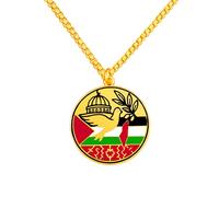 JunyiDIY Gold-Plated Palestinian Flag Necklace with Peace Dove & Al-Aqsa Mosque, Round Faith-Inspired Pendant for Men and Women, Symbol of Unity and Culture