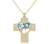 JunyiDIY Gold Streetwear Pope Francis Photo Pendant, Rapper Style Heart Cross Necklace for Husband and Wife's Anniversary, Religious Memorial Christian Inspired YA5957