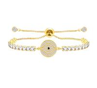 JunyiDIY Golden Devil's Eye Tennis Bracelet with Zirconia Chain Sliding Bolo Design for Wife Mom Anniversary Birthday Gift