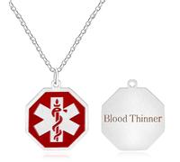 JunyiDIY Laser Engraved Blood Thinner Octagon Pendant Necklace Silver Stainless Steel Medical Symbol Front Unisex Health Jewelry for Men Women Sons Daughters