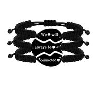 JunyiDIY Matching Heart Puzzle Bracelets - Set of 3 Black Cord Bracelets with 'We Will Always Be Connected' Engraving - Ideal Friendship Jewelry for Men Women Best Friends