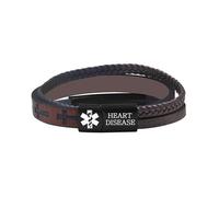 JunyiDIY Men’s Braided PU Leather Medical ID Bracelet with Stainless Steel Engraved Plate, Waterproof Lightweight Emergency Bracelet, Birthday Gift for Him & Daily Wear (Brown-HEART DISEASE)