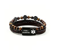JunyiDIY Men’s Medical ID Bracelet, Custom Engraved or Dynamic QR Code for Updatable Emergency Information, Braided PU Leather with Stone Beads, Lightweight & Comfortable for Daily Wear(T1D