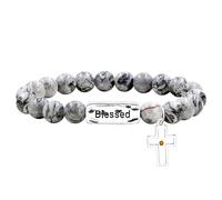 JunyiDIY Men's Map Stone Elastic Bracelet, Cross Mustard Seed Pendant Faith Bracelet,cuboid Blessde Charm, 8mm Natural Energy Crystal Stone Beads Bracelet for Women Unisex