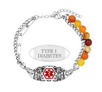 JunyiDIY Orange Agate Beaded Type I Diabetes Emergency ID Bracelet for Women- Double Chain Natural Stone Stainless Steel Custom Health Alert Bracelet for Mom Grandma Y6111