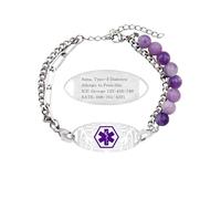 JunyiDIY Personalized Heart Disease Medical ID Bracelet, 6mm Purple Lepidolire Stone Beads and Stainless Steel Unique Double Chain Custom Engraving for Hypertension Gift for Daughter Grandma