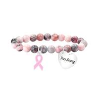 JunyiDIY Pink Zebra Stone Breast Cancer Ribbon Bracelet for Women, Stay Strong Jewelry Encouragement Heart Gift for Sister Grandma Breast Cancer Fighters and Survivors