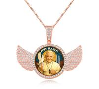 JunyiDIY Rose Gold Angel Wings Pope Francis Chain, Bold Sparkling Round Locket for Sister and Brother, Easter Celebration Spiritual Token YA5953