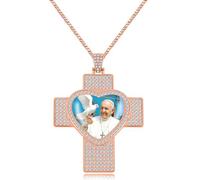 JunyiDIY Rose Gold Hip Hop Style Pope Francis CZ Cross Necklace, Catholic Faith Jewelry for Sister and Brother, Easter Present Prayer Keepsake YA5957