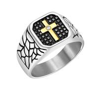 JunyiDIY Silver Cross Ring Men Stainless Steel Cubic Zirconia Signet Band Fashion Faith Jewelry for Husband Dad Christian Christmas Style Size 11