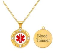 JunyiDIY SOS Medical Pendant for Blood Thinner Patients, Gold Round Stainless Steel Necklace with CZ and Red Symbol, Valentine Gift for Grandpa Grandma YA5220