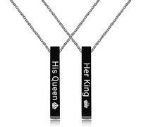 JunyiDIY Stainless Steel Necklaces Set 2 Pieces His Queen and Her King Bar Necklaces Set for Couples Boyfriend and Girlfriend, Stainless Steel, No Gemstone